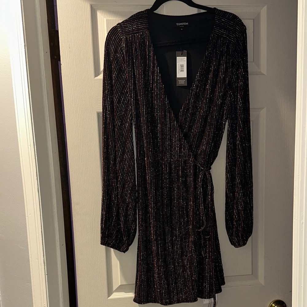 Yumi Kim Black Metallic Stripe Wrap Mini Dress